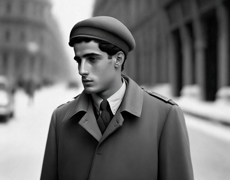 Young man in beret and trench coat walking in city street - black and white photograph