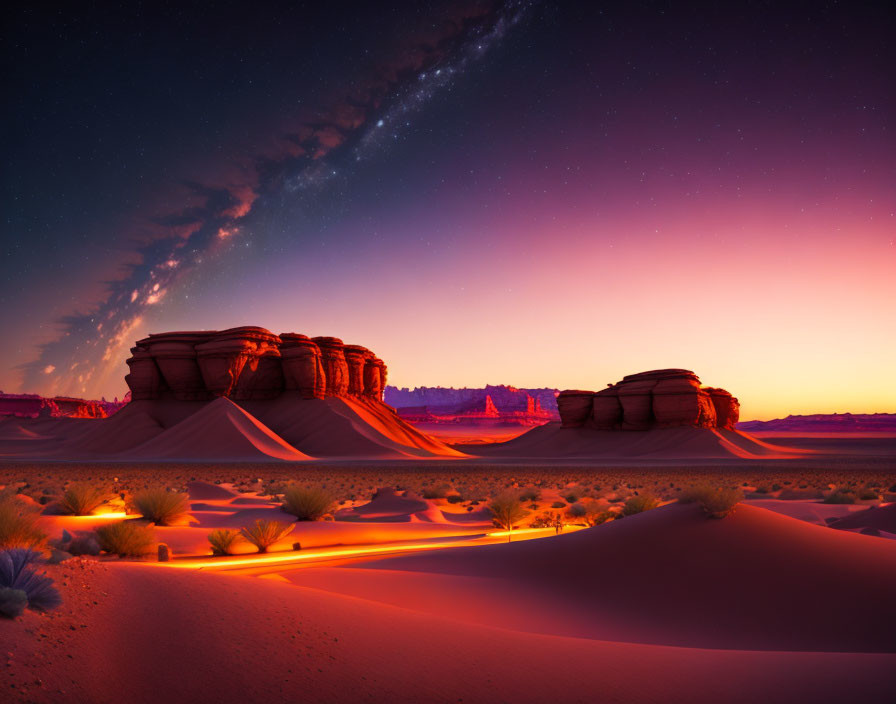 Twilight desert landscape with rock formations and starry sky.