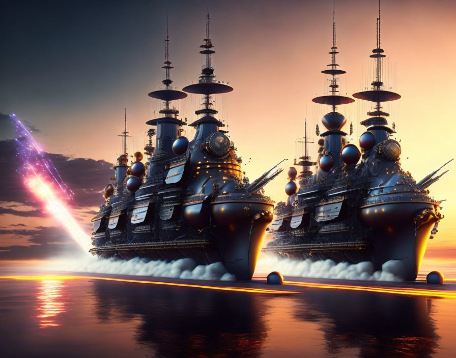 Futuristic battleships at sunset with neon beam and water reflection