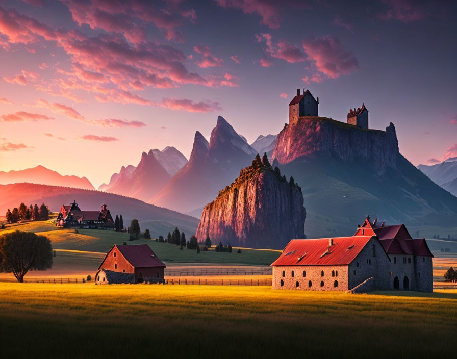 Majestic castle on rocky cliff with mountain backdrop at sunset
