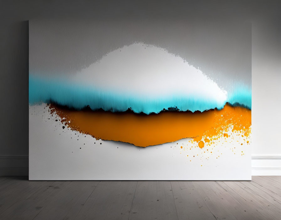 Vibrant abstract painting on white background with black, blue, and orange splashes