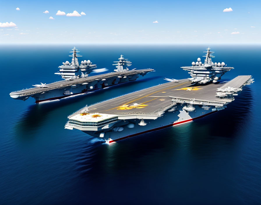Three aircraft carriers sailing in formation on calm blue ocean