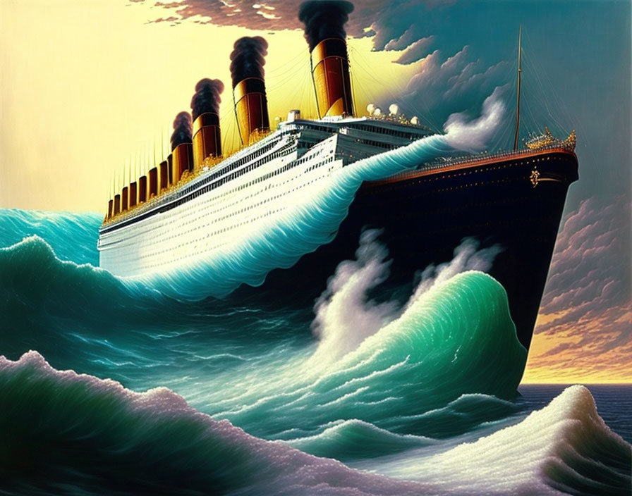 Vintage passenger ship with four smokestacks navigating rough ocean waves under dramatic sky