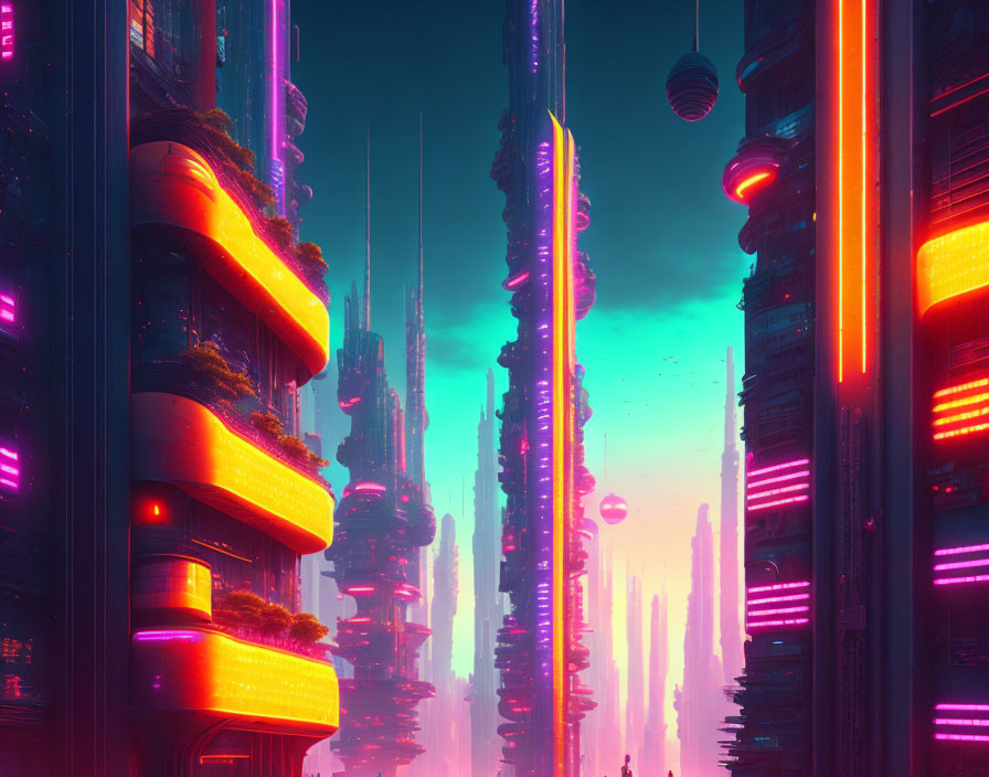 Futuristic neon-lit cityscape with skyscrapers at sunset.