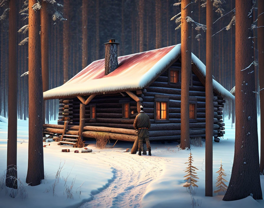 Log cabin with red roof in snowy forest at dusk with smoke rising.