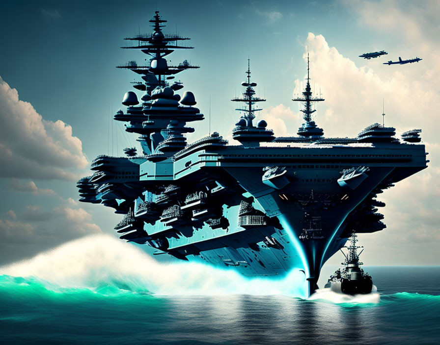 Colossal multi-tiered flying ships above ocean in dramatic sky