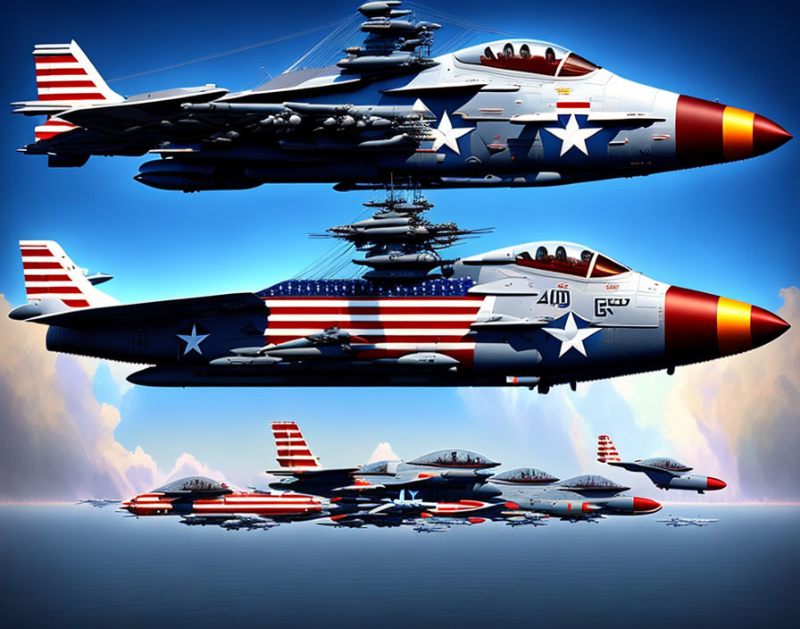 Digital artwork: Airborne fleet with patriotic fighter jets and aircraft carrier above reflective water