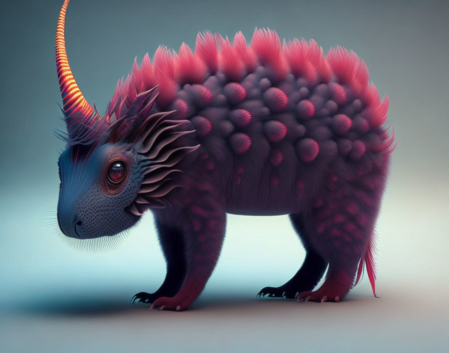 Purple and Red Fantastical Creature with Scales and Horn