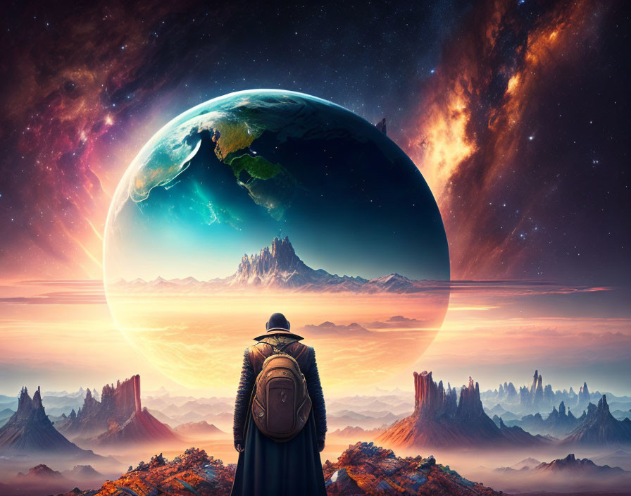 Figure in cloak gazes at Earth on alien landscape.