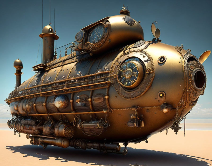Steampunk submarine with intricate metalwork and periscope on desert sand