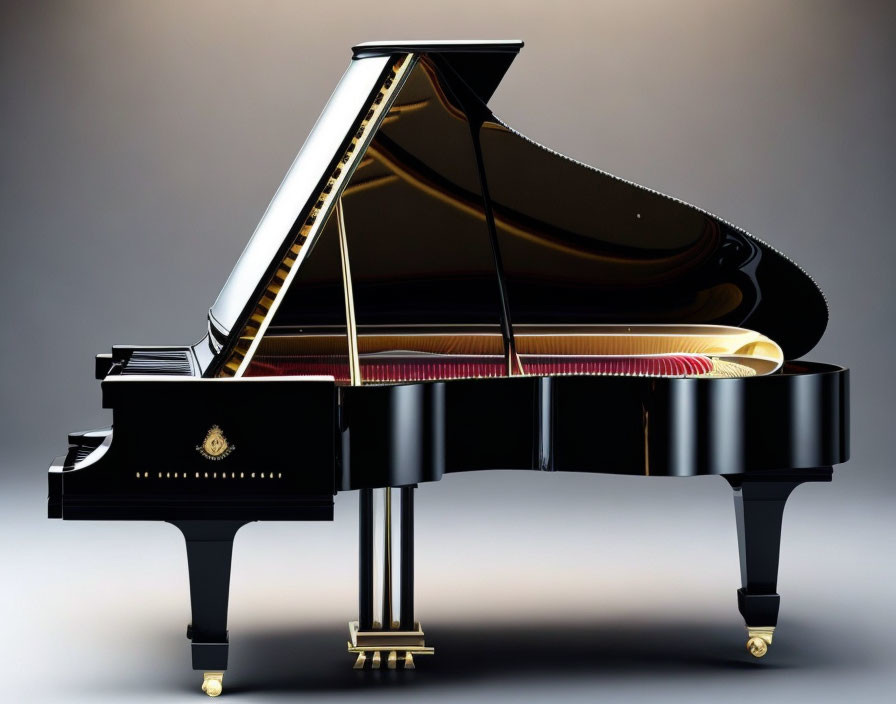 Black Grand Piano with Open Lid Revealing Red Inner Workings