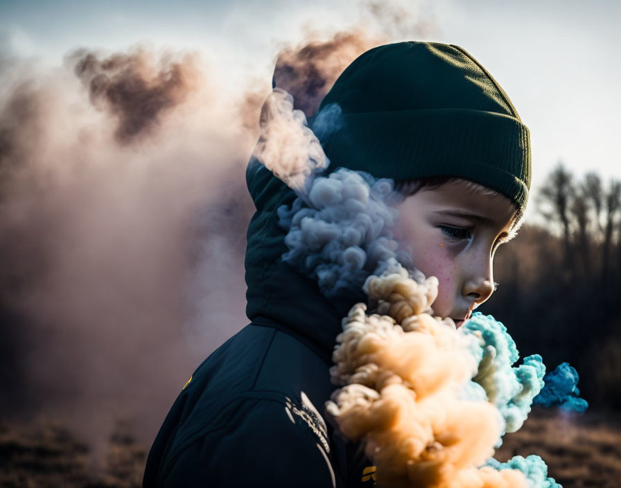 Young boy in green beanie exhales colorful smoke outdoors under sunlight