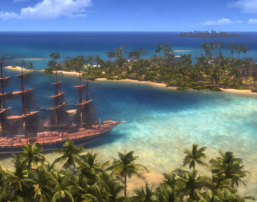 Tropical beach scene with tall ship, palm trees, and clear blue waters