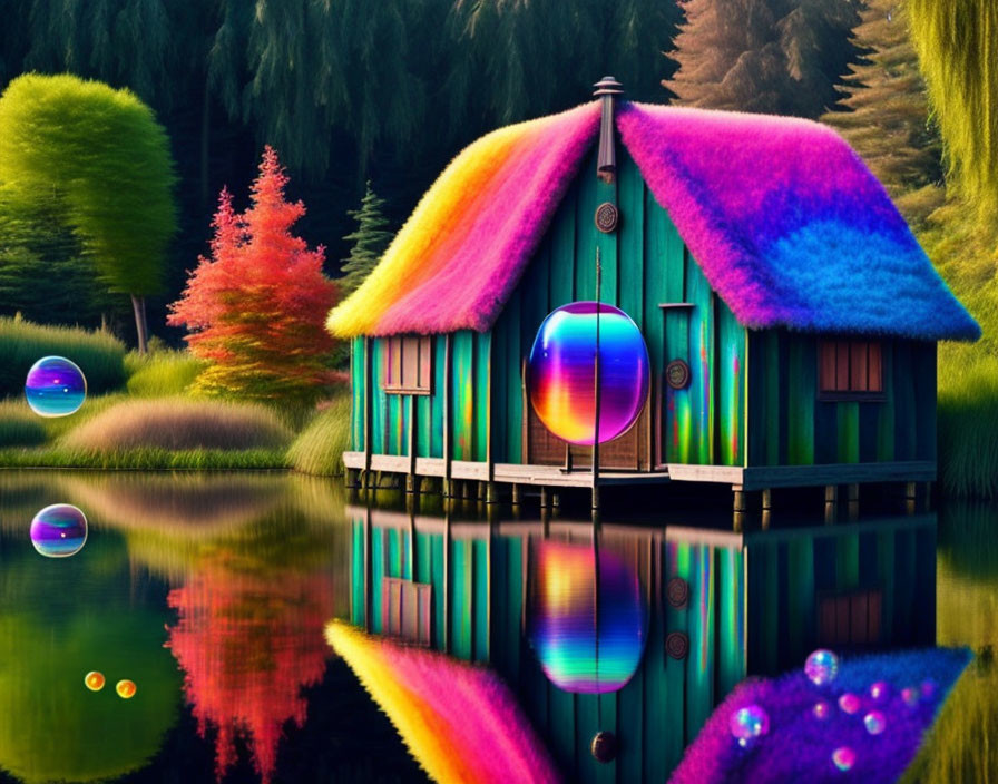 Colorful Whimsical Cottage Illustration with Multi-Colored Roof by Serene Lake