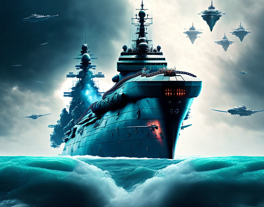 Futuristic battleship on turbulent seas with flying warships