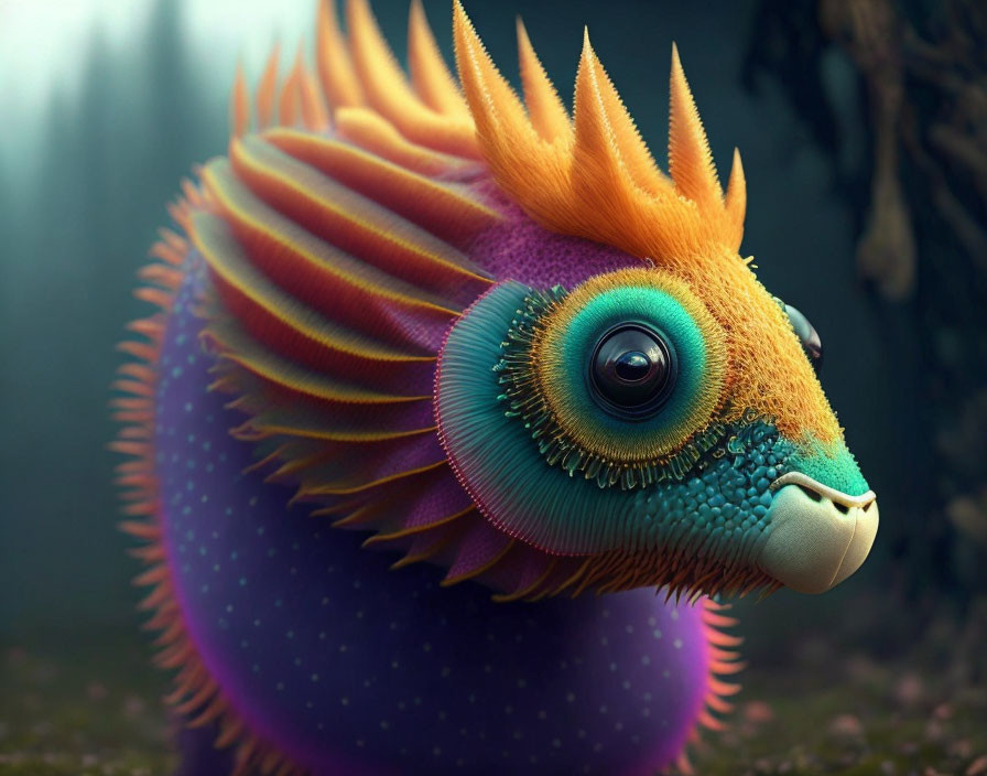 Colorful fantastical creature with orange spikes, blue body, purple dots, and a mesmerizing green