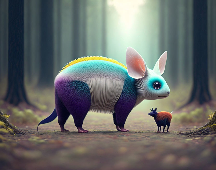 Colorful whimsical creature in mystical forest with mini version