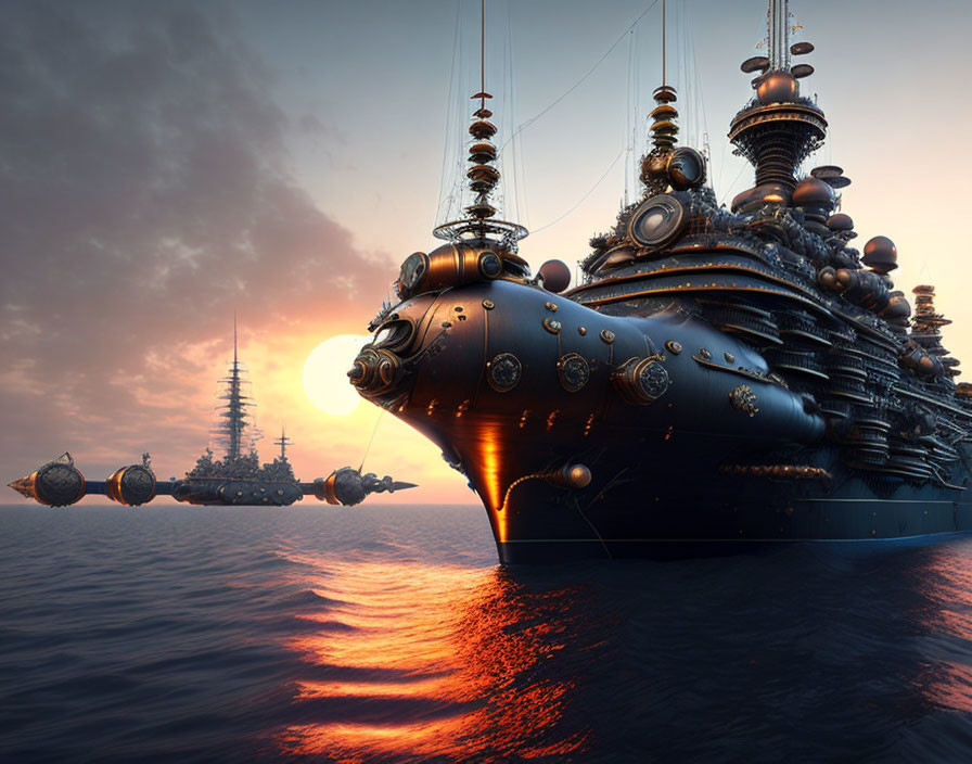 Steampunk-inspired ships sailing at sunset on calm seas