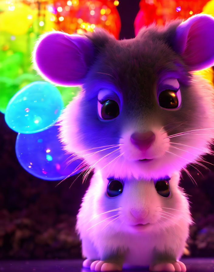 Adorable hamster with shiny eyes in colorful lights