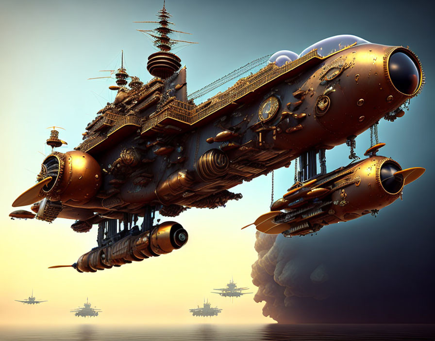 Futuristic steampunk-style airships in intricate designs at sunset