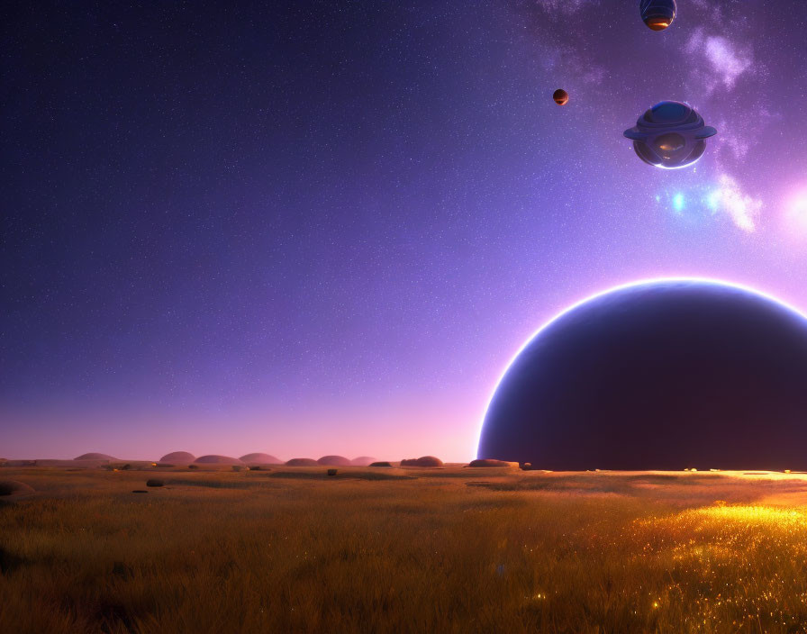 Twilight landscape with large planet, starry sky, and hovering UFOs