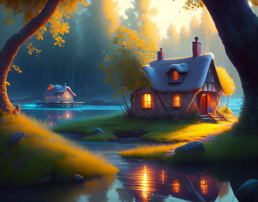 Cozy Cottage Illustration at Dusk with Tranquil River
