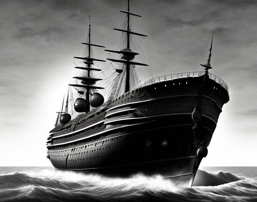 Monochrome image of majestic sailing ship on choppy seas