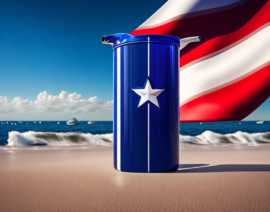 Blue tumbler with white star, red straw, and American flag by beach and ocean