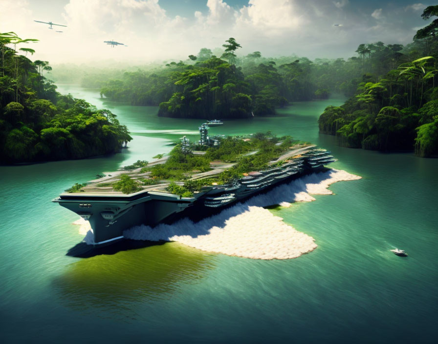 Futuristic aircraft carriers transformed into floating islands in lush green river landscape