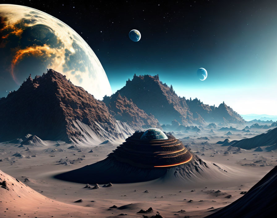 Futuristic alien landscape with towering mountains and glowing saucer-like structure