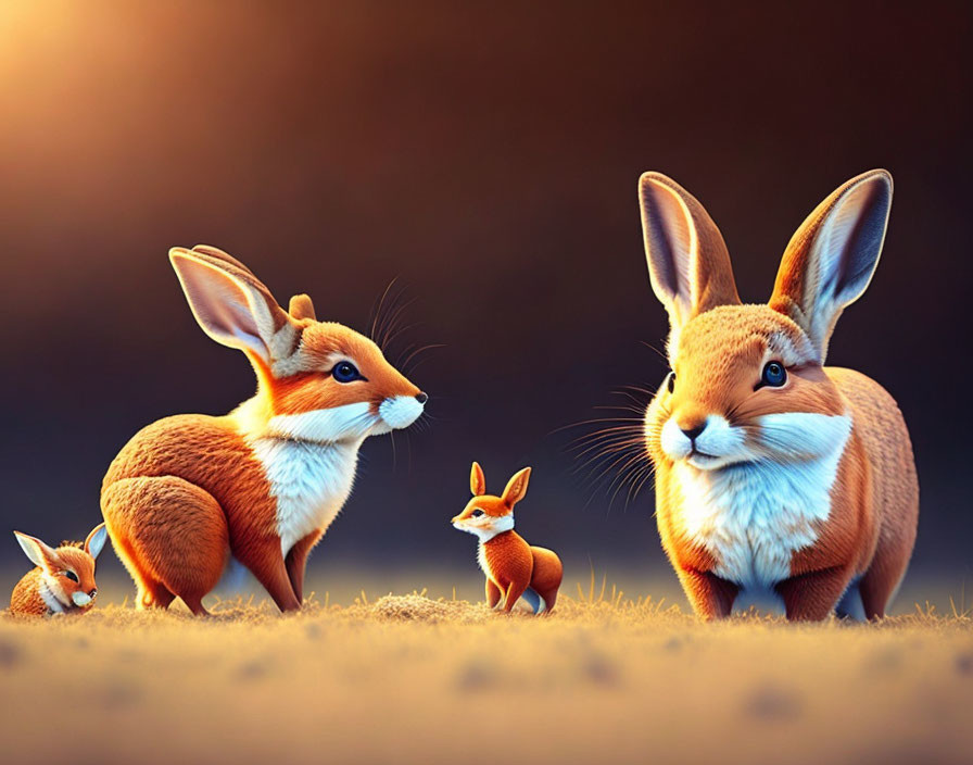 Digital Artwork: Two Rabbits with Fox Features in Dusk Setting