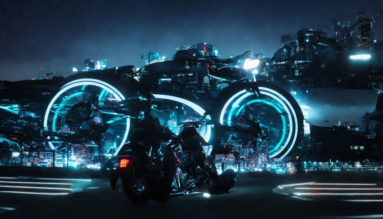 Futuristic motorcycle with glowing wheels in cyberpunk cityscape