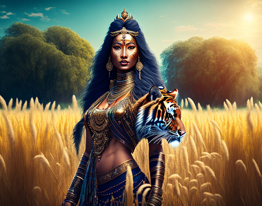 Blue-skinned woman in Indian attire with tiger in wheat field