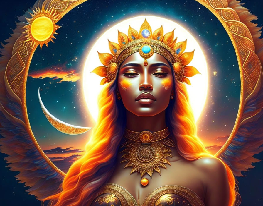 Celestial-themed woman with sun crown and moon symbolizing cosmic harmony