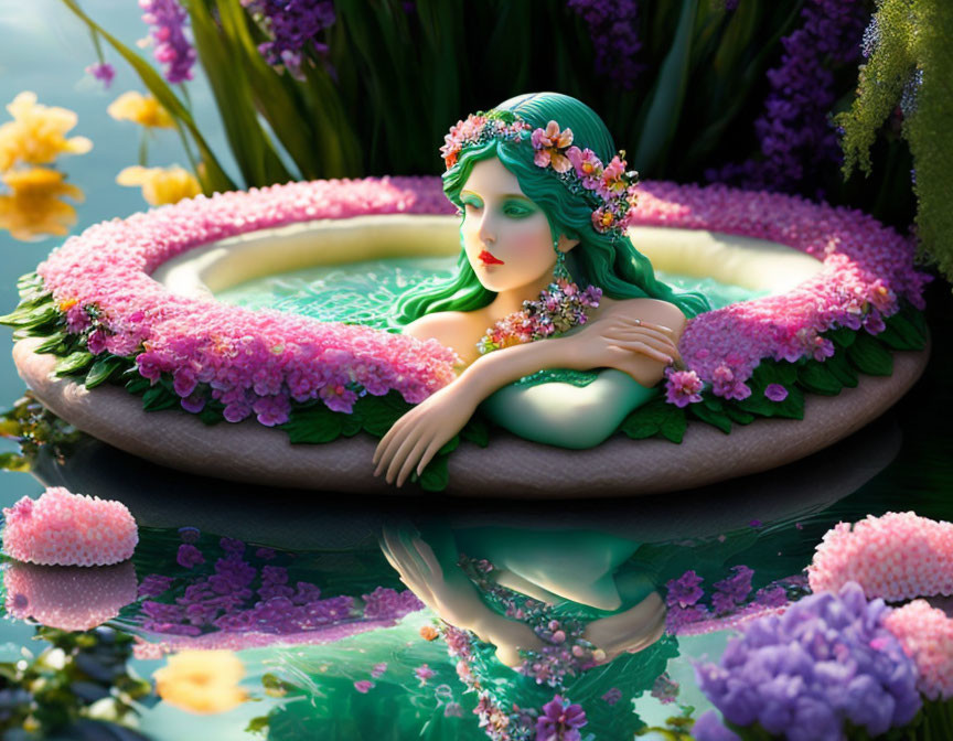 Green-haired maiden in flower pond surrounded by lush flora