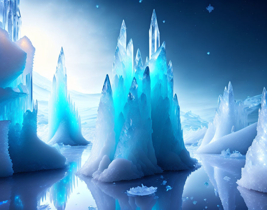 Mystical icy landscape with glowing blue crystals in snowscape
