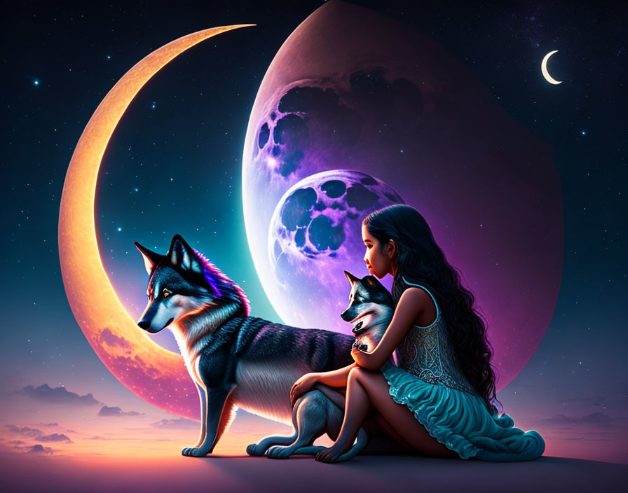 Girl with two wolves under starry sky and crescent moon gazes at large purple planet