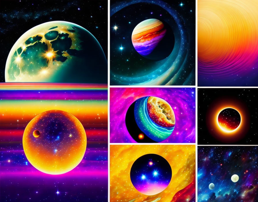 Nine Vibrant Space-Themed Illustrations with Planets, Stars, and Cosmic Patterns