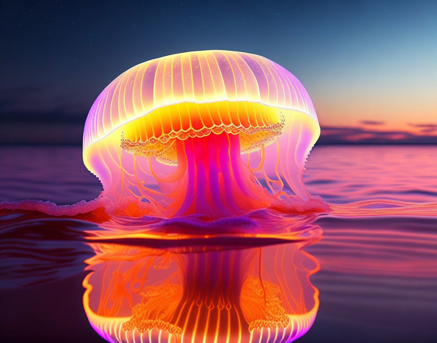 Glowing orange and pink jellyfish above tranquil sea at twilight