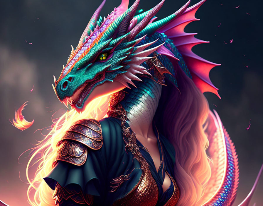 Woman with wavy hair merged with dragon in dark, fiery setting
