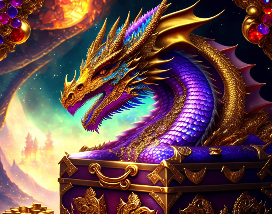 Colorful Dragon on Treasure Chest in Celestial Scene