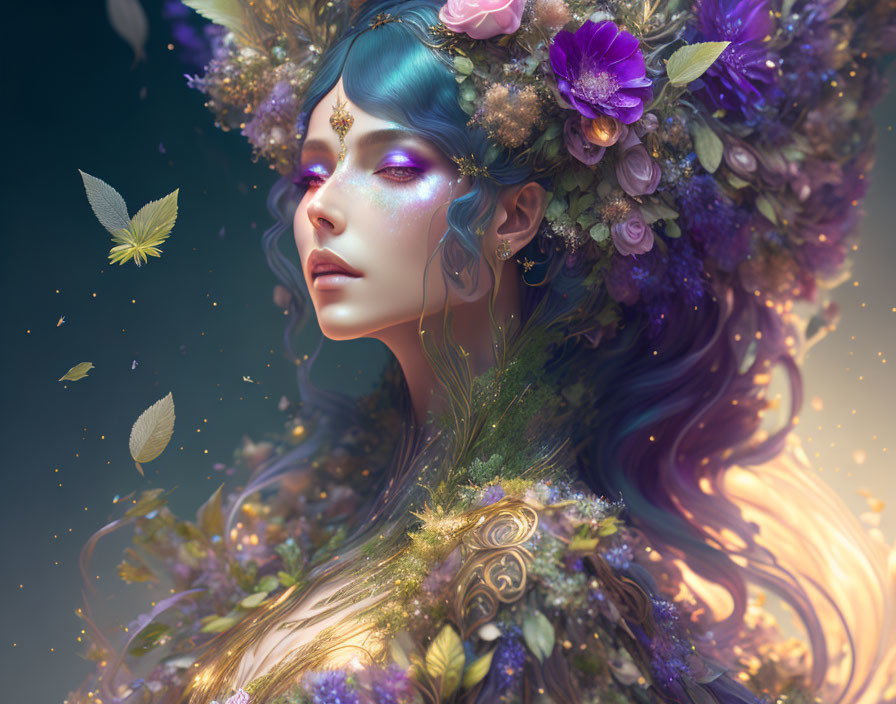 Portrait of woman with floral crown, sparkling makeup, and butterflies, emitting mystical aura.
