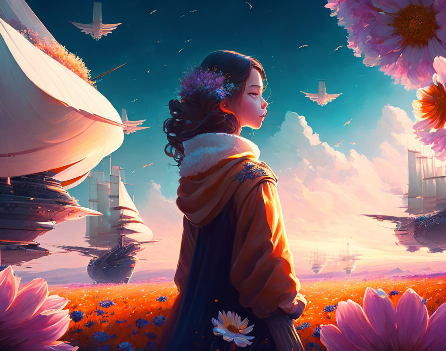Woman admiring sunset sky with floating ships and giant flowers.