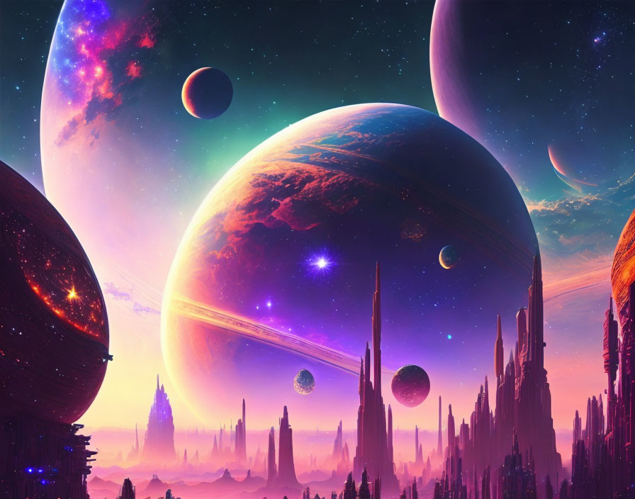 Alien city with colossal planets in vibrant sci-fi landscape