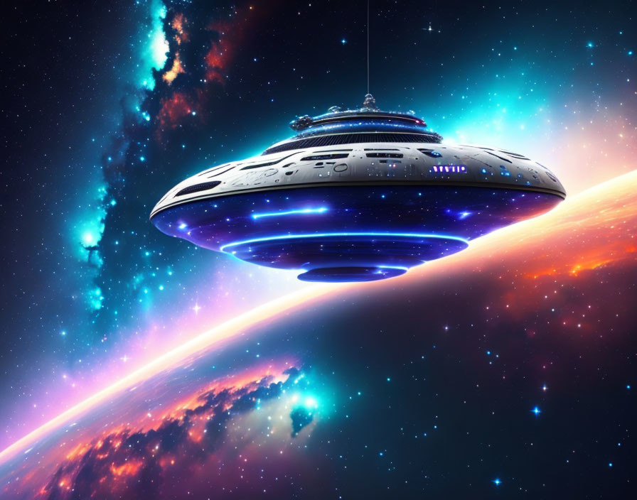 Futuristic spaceship with blue illumination in vibrant cosmic space