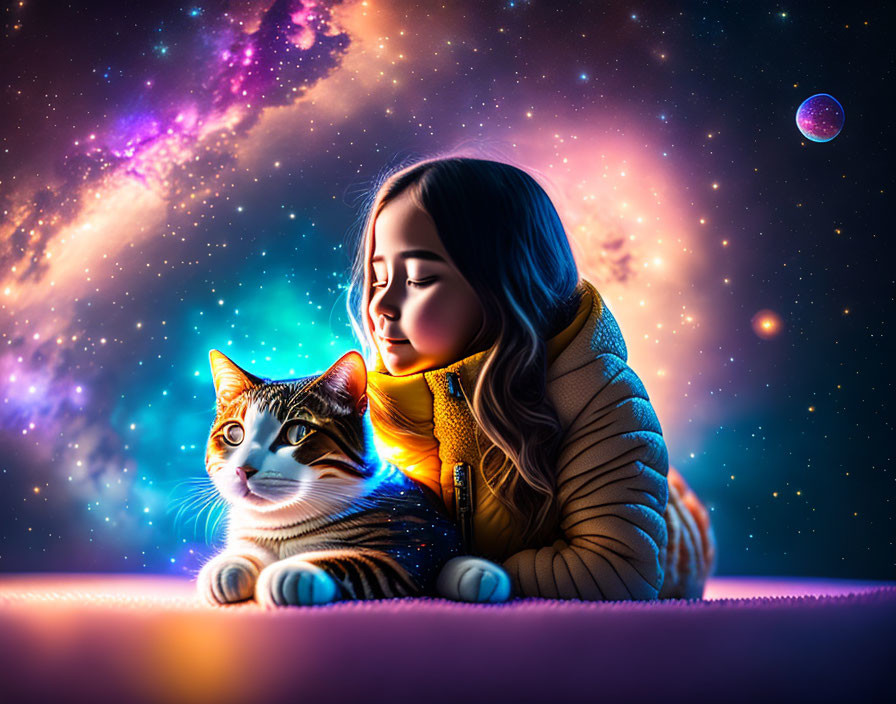 Girl and cat together under vibrant cosmic sky