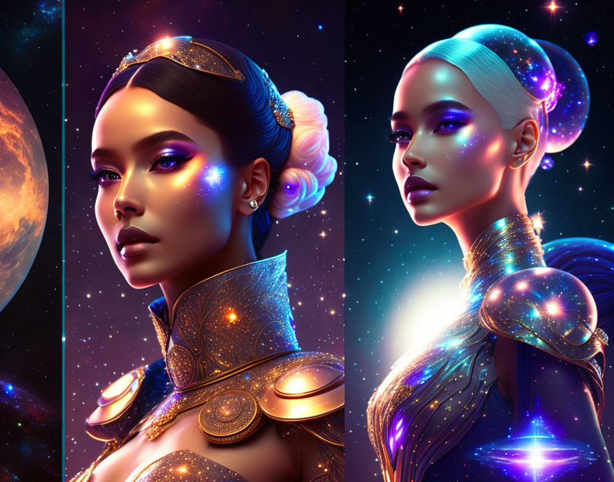 Futuristic armor stylized portraits with cosmic motifs