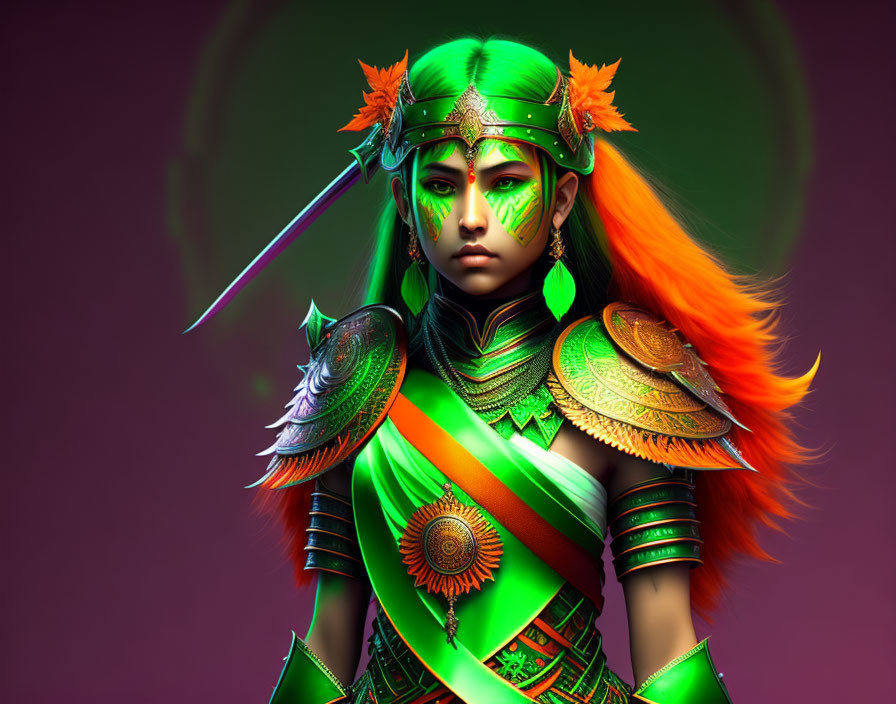 Digital Artwork: Fierce Warrior with Orange Hair and Green Armor