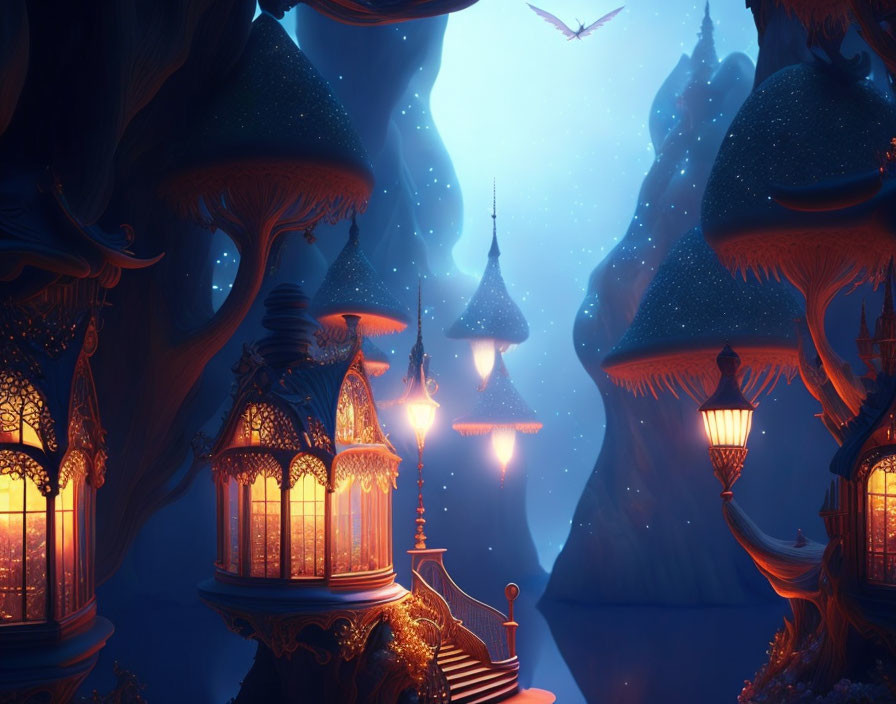 Enchanting night scene with fantasy treehouses, lanterns, bridge, and starlit sky