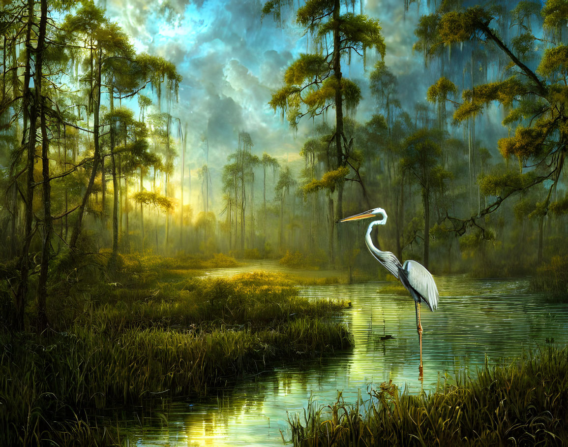 Tranquil swamp sunset scene with heron, trees, and golden light